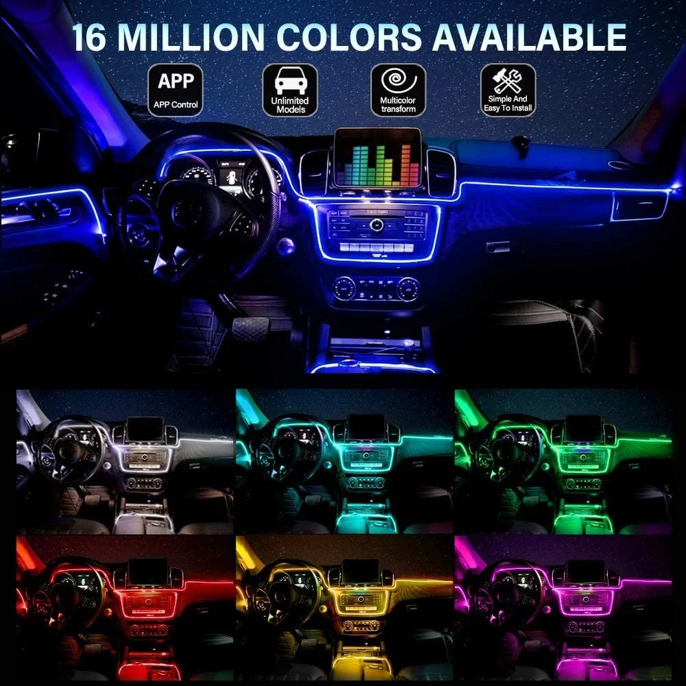 5IN1 6IN1 Neon LED Car Interior Ambient Light Fiber Optic EL Wire Strip Light App USB RGB Auto Accessories LED Decorative Lamp