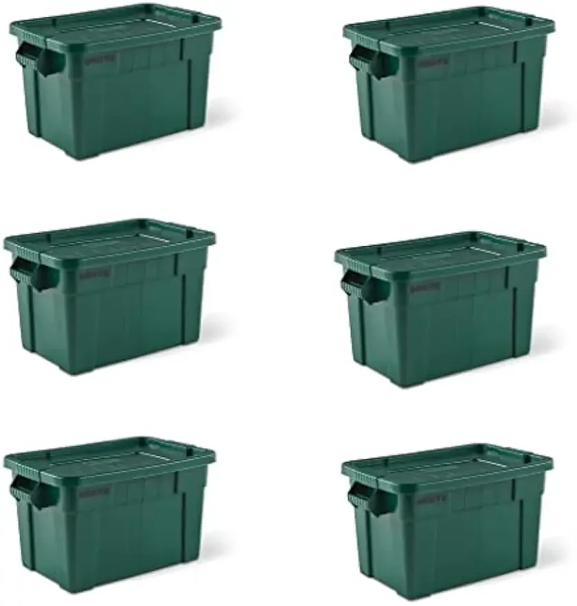 Rubbermaid Commercial Products Brute Tote Storage Container with Lid-Included, 20-Gallon, Dark Green, 6 Pack