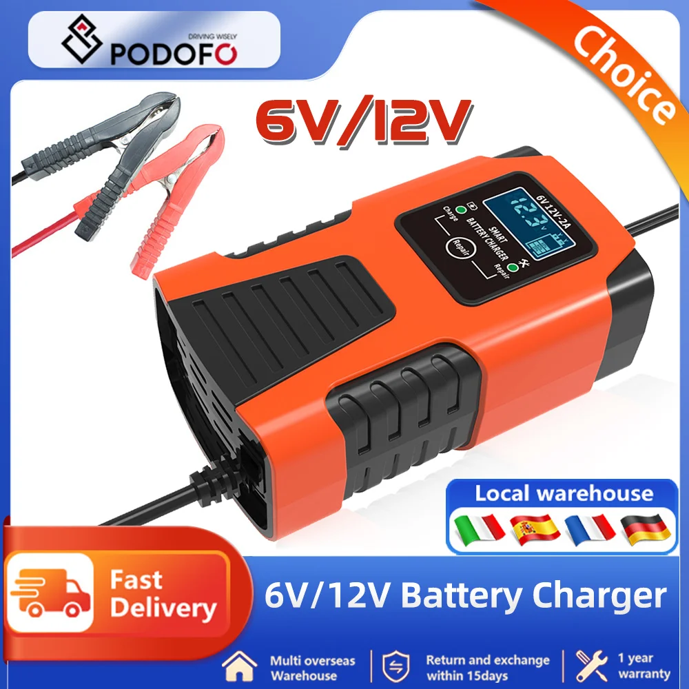 Podofo Automatic 2A 6V 12V Car Battery Charger Lead-Acid GEL AGM Wet Calcium Deep Cycle VRLA Pulse Repair with LCD Display