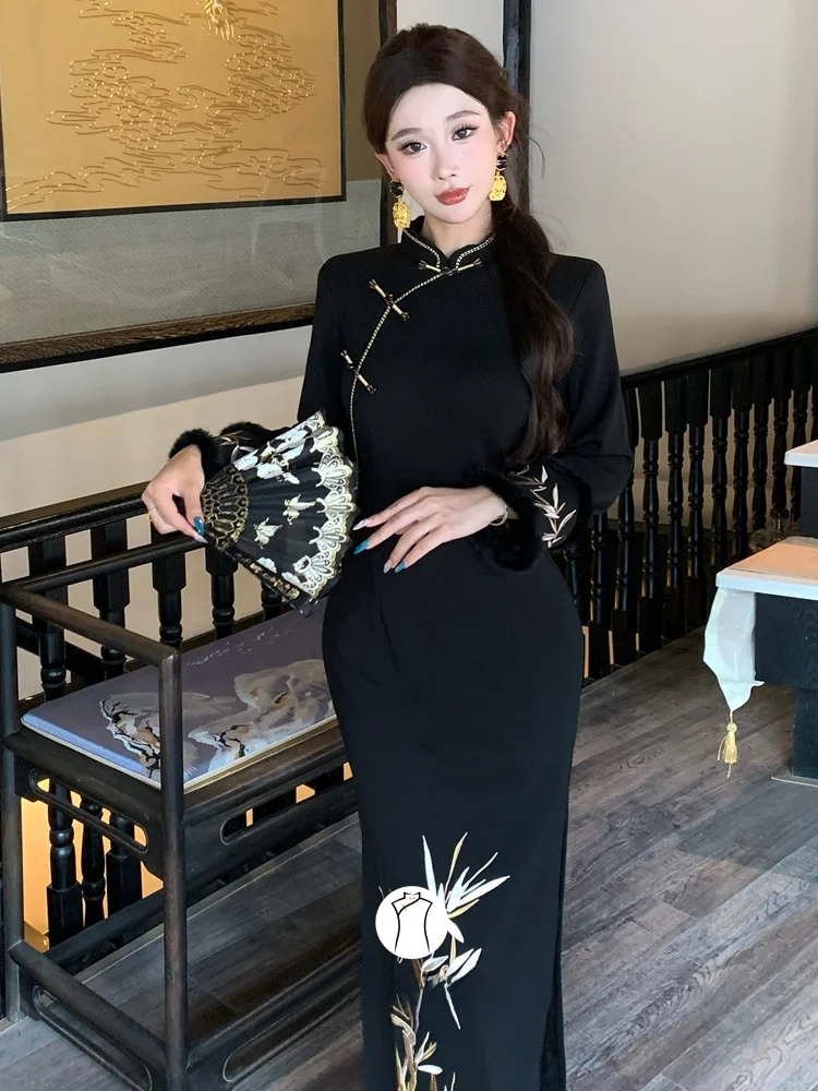 

Новое зимнее платье-ципао с флисовой подкладкой, утепленное, с завышенной талией, приталенное, в китайском стиле, с длинными рукавами и низким разрезом, для повседневной носки