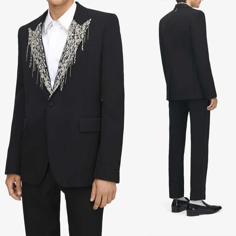 

Fashion Men Suits 2 Pieces Peaked Lapel One Button Groom Wedding Tuxedos Crystals Formal Occasion Customized Jacket