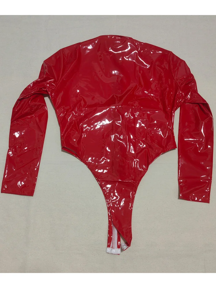 M-4XL Long Sleeve High Cut Wet Look PVC Swimsuit Sukumizu Shiny PU Leather Snaps Crotch Bodysuit Tights Body Teddies Tshirt Tops