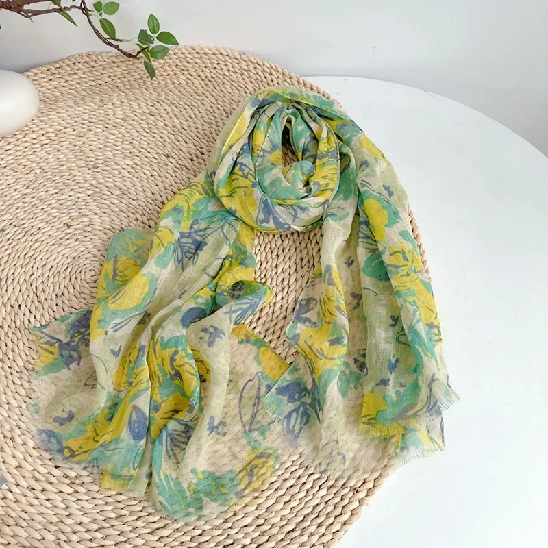 

100% linen elegant printed spring/summer/autumn thin neck protection and sun protection women's scarf
