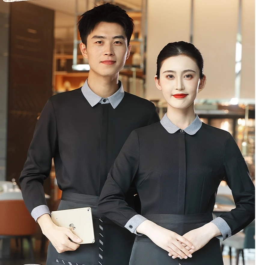 Uniforme de serveur de Restaurant à manches longues pour femmes, chemise de serveuse de café, Service alimentaire, vêtements de travail, salopette de restauration