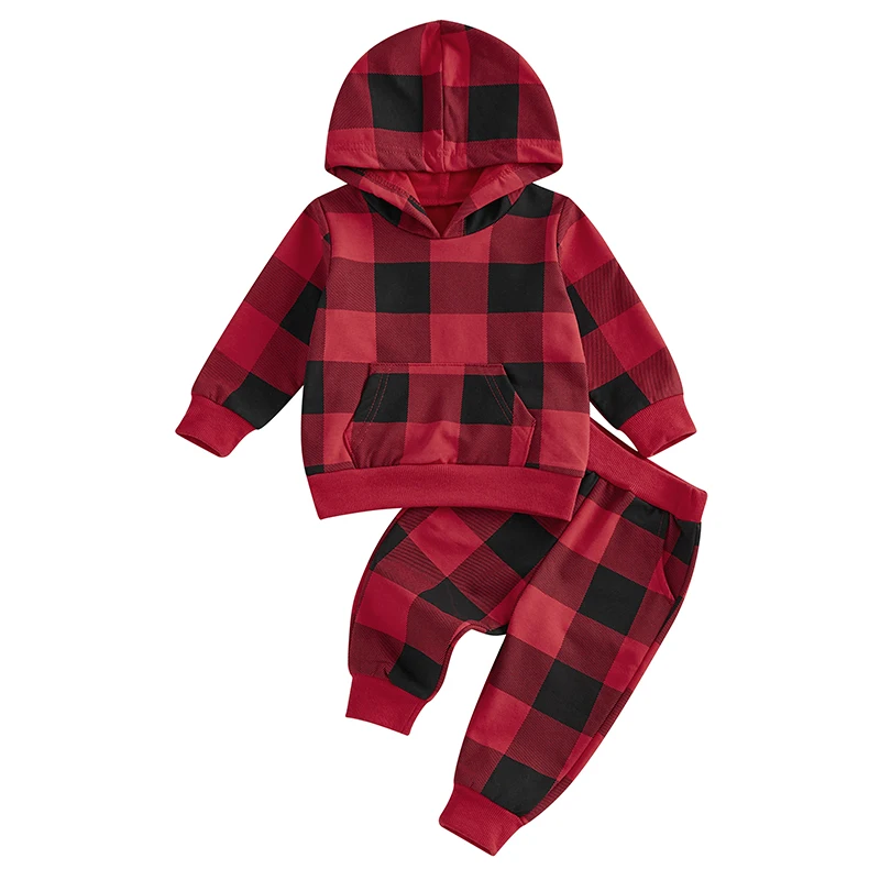 

Baby Boys Christmas Outfits Red Plaid Hooded Sweatshirts with Pocket and Long Pants 2-Piece Clothing Set for Toddlers