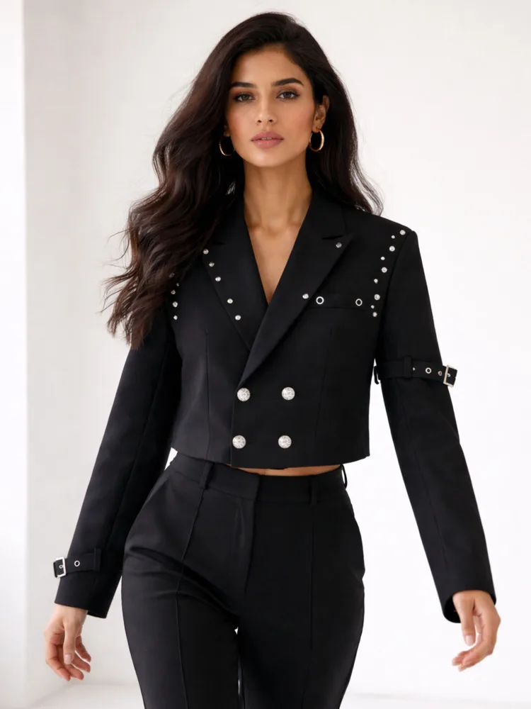 ONEXWEN Luxury Heavy Craft Black Blazer Women Suit Jacket Punk Buckle Strap Double Breasted Short Coats Party 2026 ZM5222