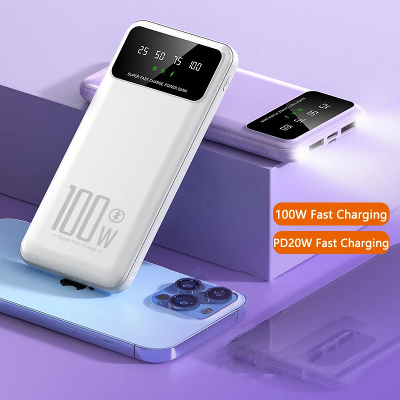 

100W Super Fast Charging Power Bank 10000/20000mAh Powerbank External Battery with Light for iPhone 14 Samsung Xiaomi Poverbank