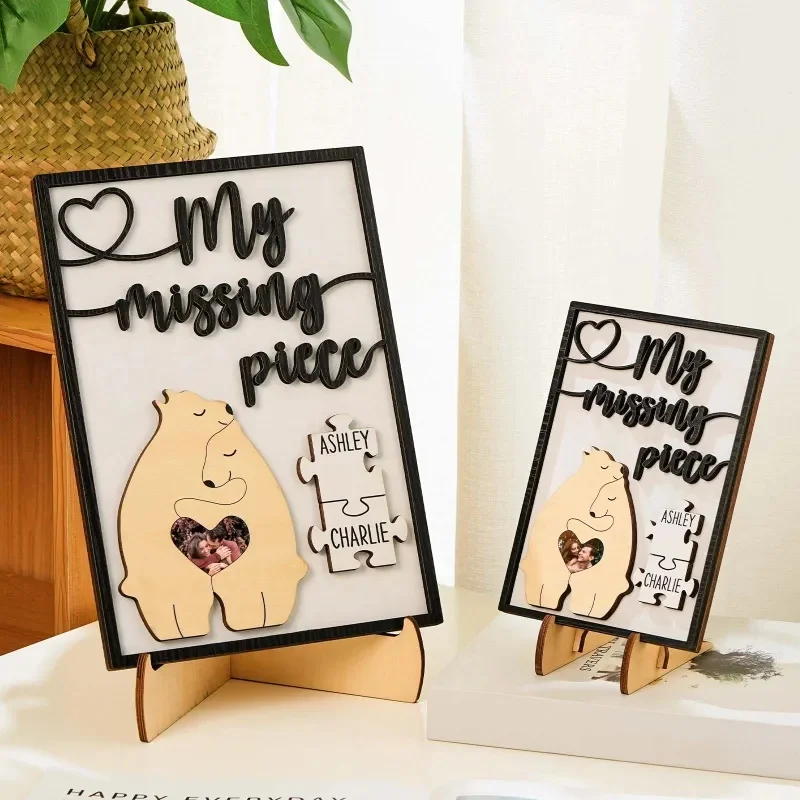 My Missing Piece Personalized Photo and Name Bear Couple 2 Layered Wood Plaque Wooden Sign