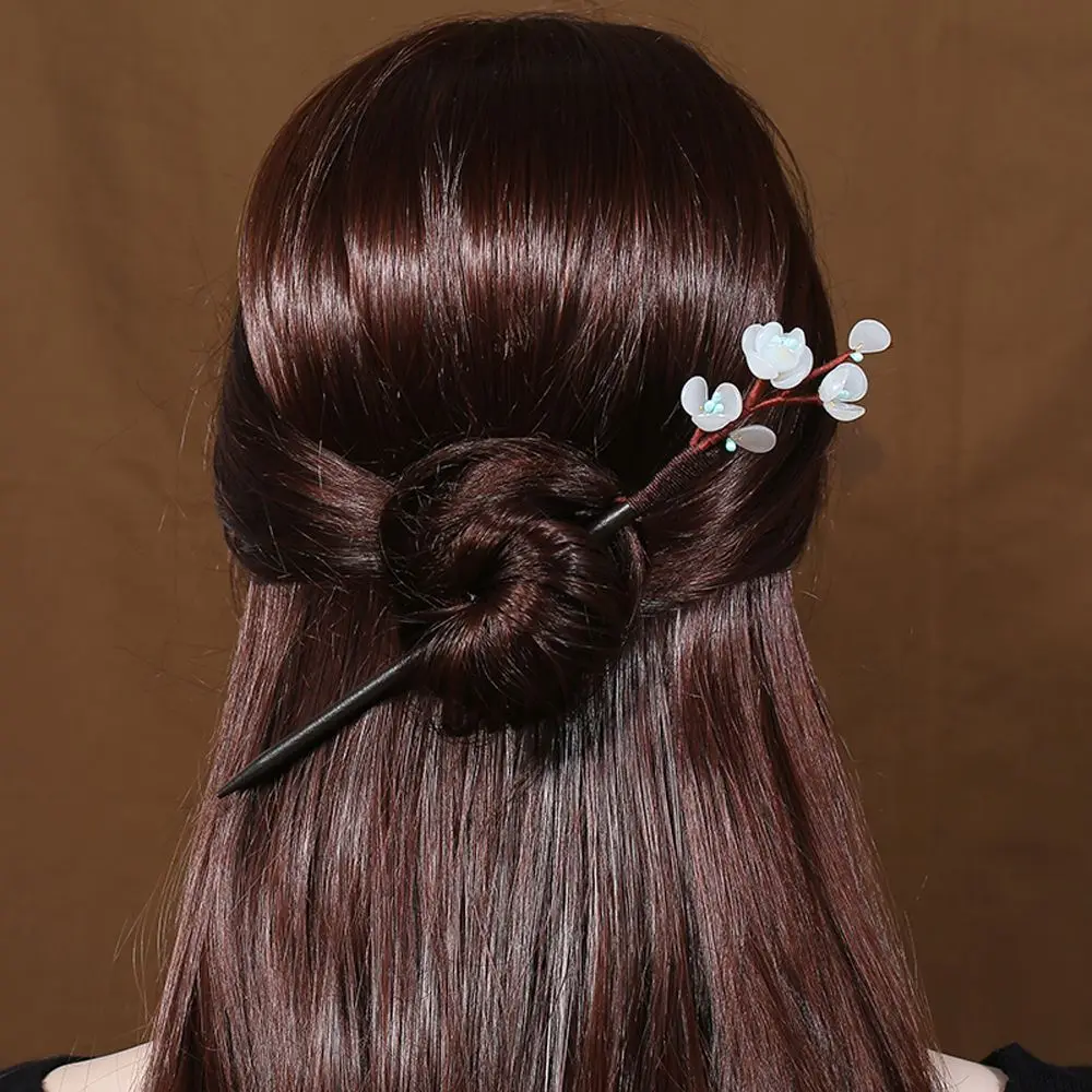 Chinese Decorative Flower Glass Handmade Hair Fork Hairpin Wooden Hair Sticks