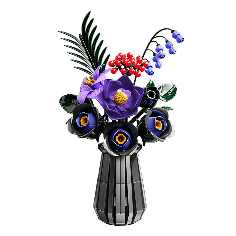 Conjunto de construção de buquê de flores roxo botânico flores artificiais brinquedos decoração gótica dia dos namorados presente de aniversário (836 peças)
