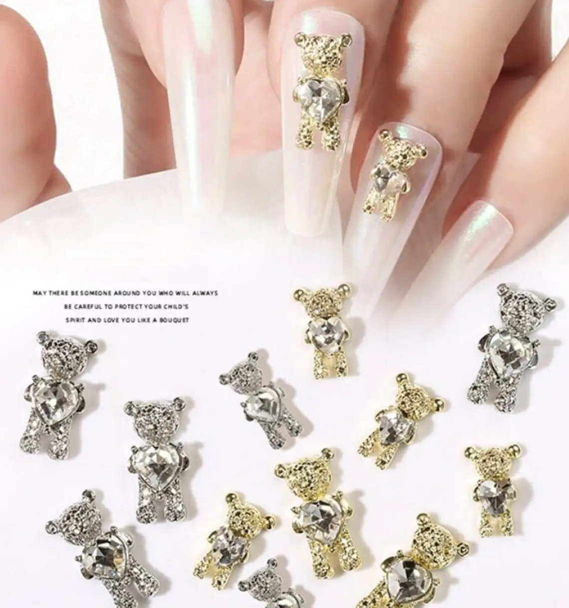 10Pcs Kawaii Cartoon Bear Rhinestone Nail Charms Gold/ Silver 15mm Crystal Diamond Glitter Rhinestones for Manicure Accessories