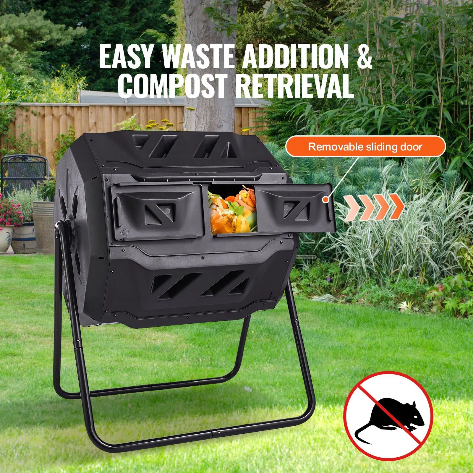Compost Bin, 43-Gal Dual Chamber Tumbler, Large Tumbling Rotating Composter with 2 Sliding Doors and Steel Frame, BPA Free for