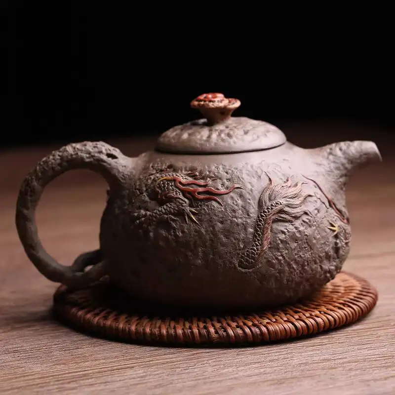 Yixing Purple Clay Double Dragon Playing With Pearl, Gongchun Teapot, Imitation Flower Vessel, Purely Handmade By Famous Artist