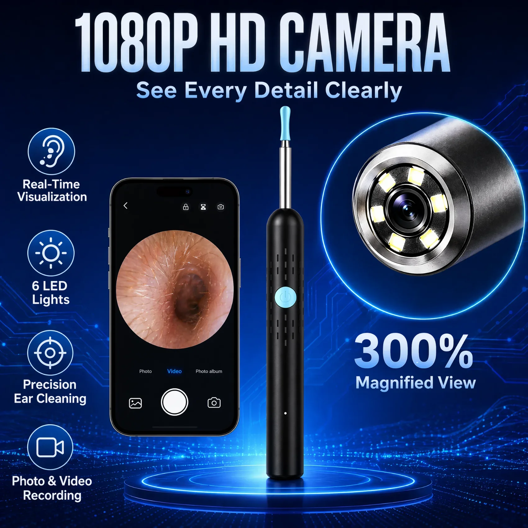 1080P Visual Ear Cleaner with Camera Wireless Ear Wax Removal Tool HD Otoscope Ear Pick Cleaning Kit USB Rechargeable