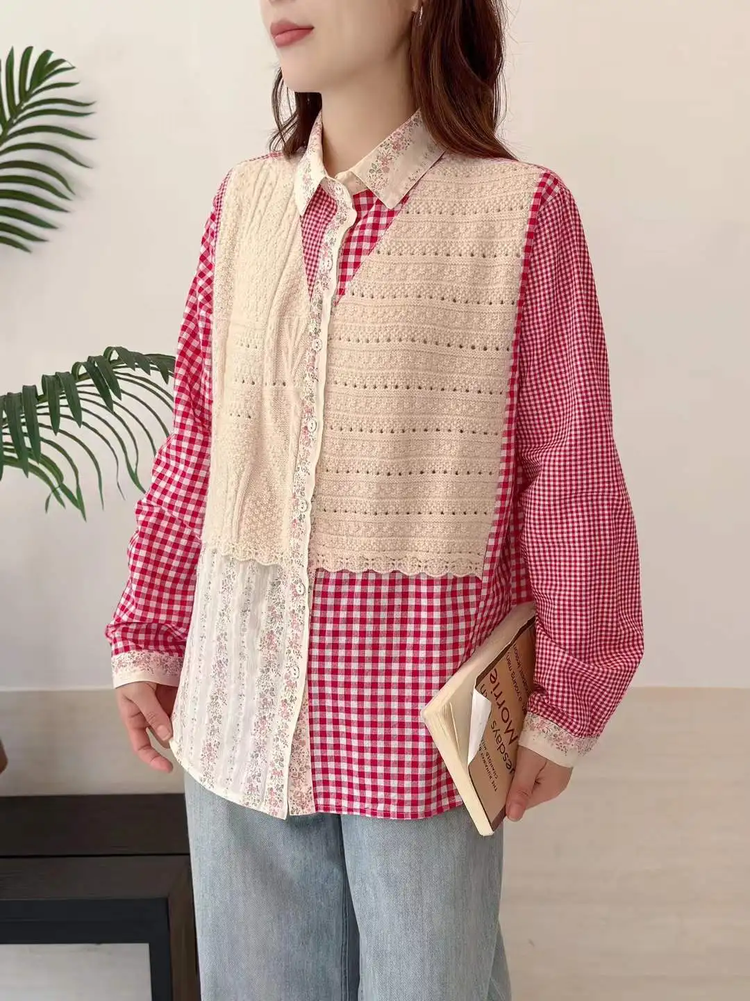 New 2025 Winter Cotton Long Sleeve Shirt, Women Lapel Woollen Patchwork, Mori Girl French Plaid Casual Loose Blouse T5N819CC