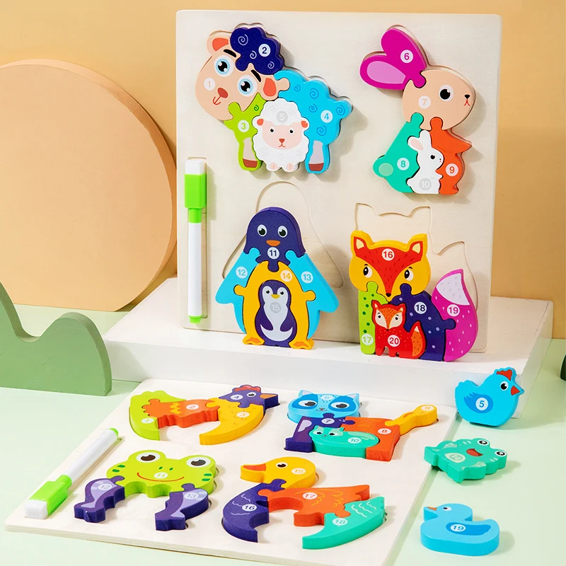 Wooden Animal Parent-Child Drawing Board 3D Puzzles Double-Sided Digital Puzzles Children\'s Cartoon Early Education Toys Gifts