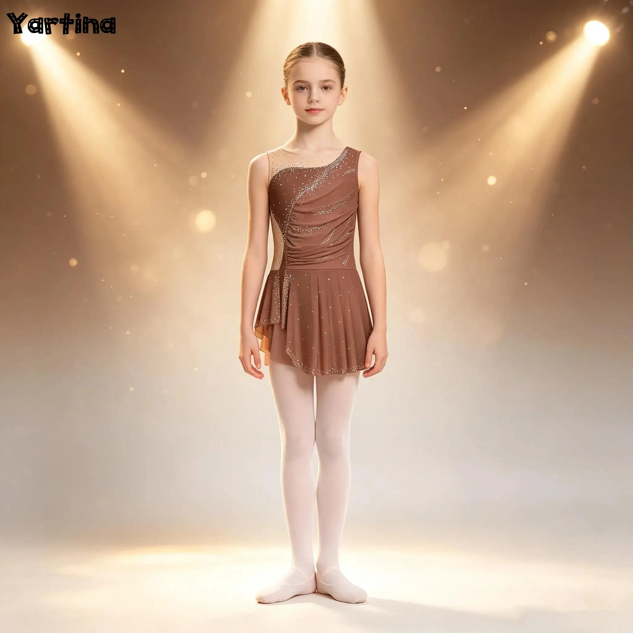Kids Girls Gymnastics Figure Skating Ballet Lyrical Dance Performance Costume Sparkling Rhinestones Ruched Mesh Side Slit Dress