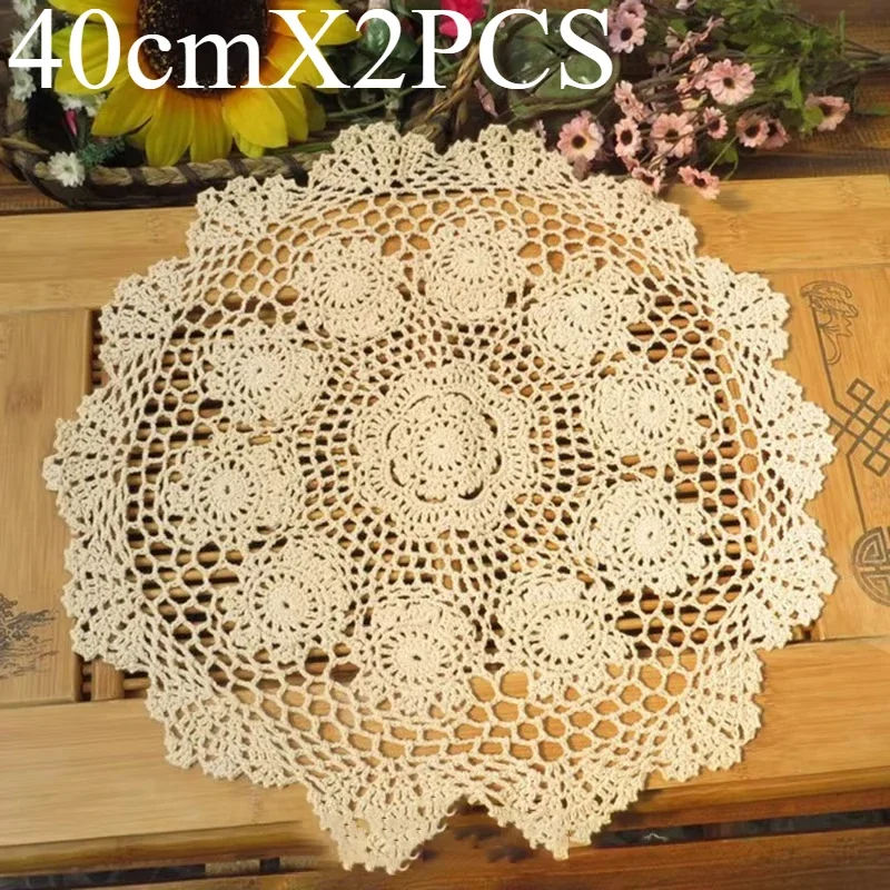 2PCS FOR Placemat Table Mat Hollow Round Doilies Kitchen Living Room 40cm Cotton