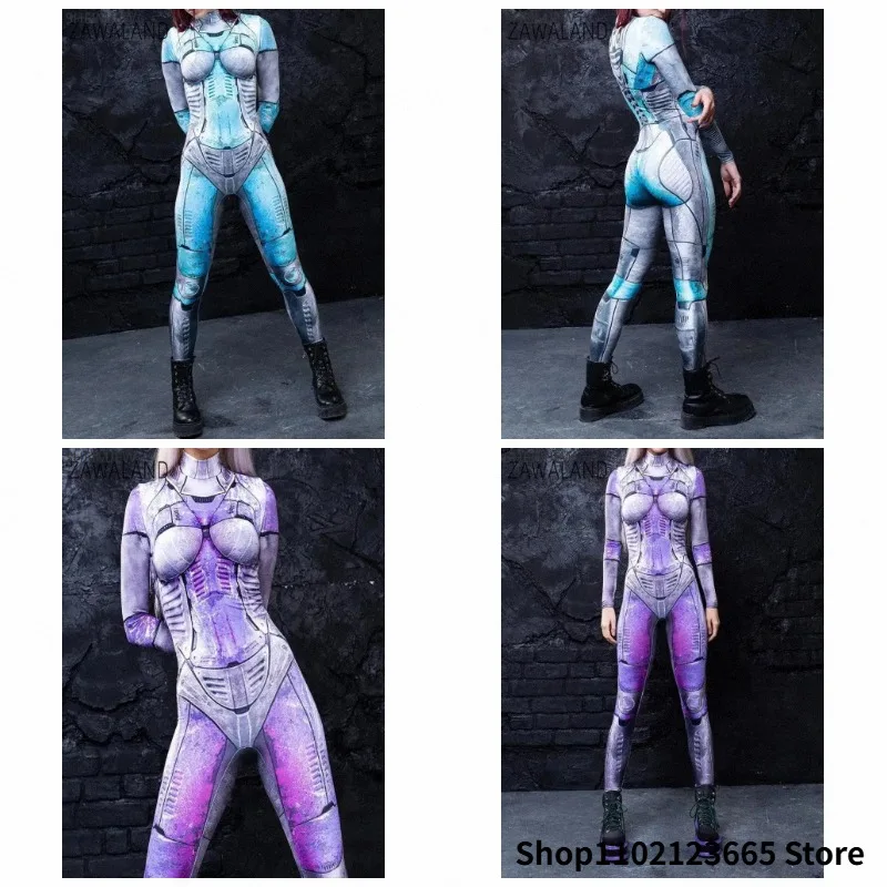 IOOTIANY Lila bedruckter Zentai-Bodysuit, Cosplay, Roboter, Punk, Damen-Overall, Cosplay-Kostüme, schmal geschnitten, für Halloween, Karneval, Feiertage