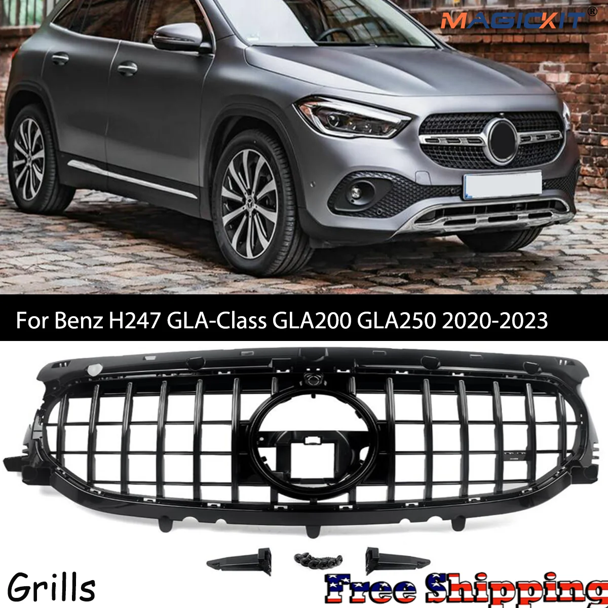 MAGICKIT GT Front Kidney Grille For Mercedes Benz H247 GLA-Class GLA200 GLA250 2020-2023 Gloss Black Car Accessories ABS