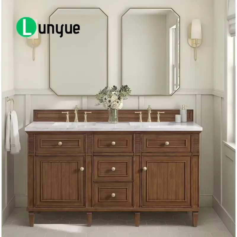 Custom Mid Century Walnut Bathroom Vanity Oak Classical Style Cabinet with Quartz Countertop 60 Inch Double Ceramic Sink