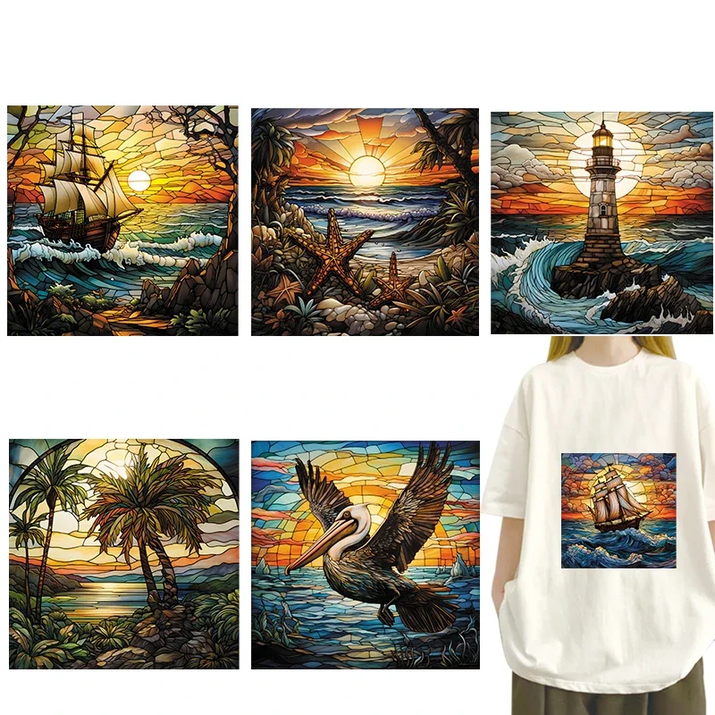 

Square colored glass beach scene Heat Transfer Printing Iron on dtf transfers ready to press On Clothes Iron On Patch Clothes