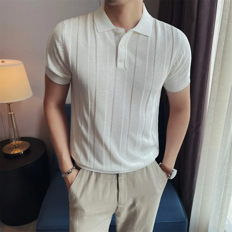 Men Linen Knitted T-Shirt High Elasticity Light and Thin Breathable Short Sleeve Crew Neck Skin-Friendly Anti-Wrinkle Casual Tee