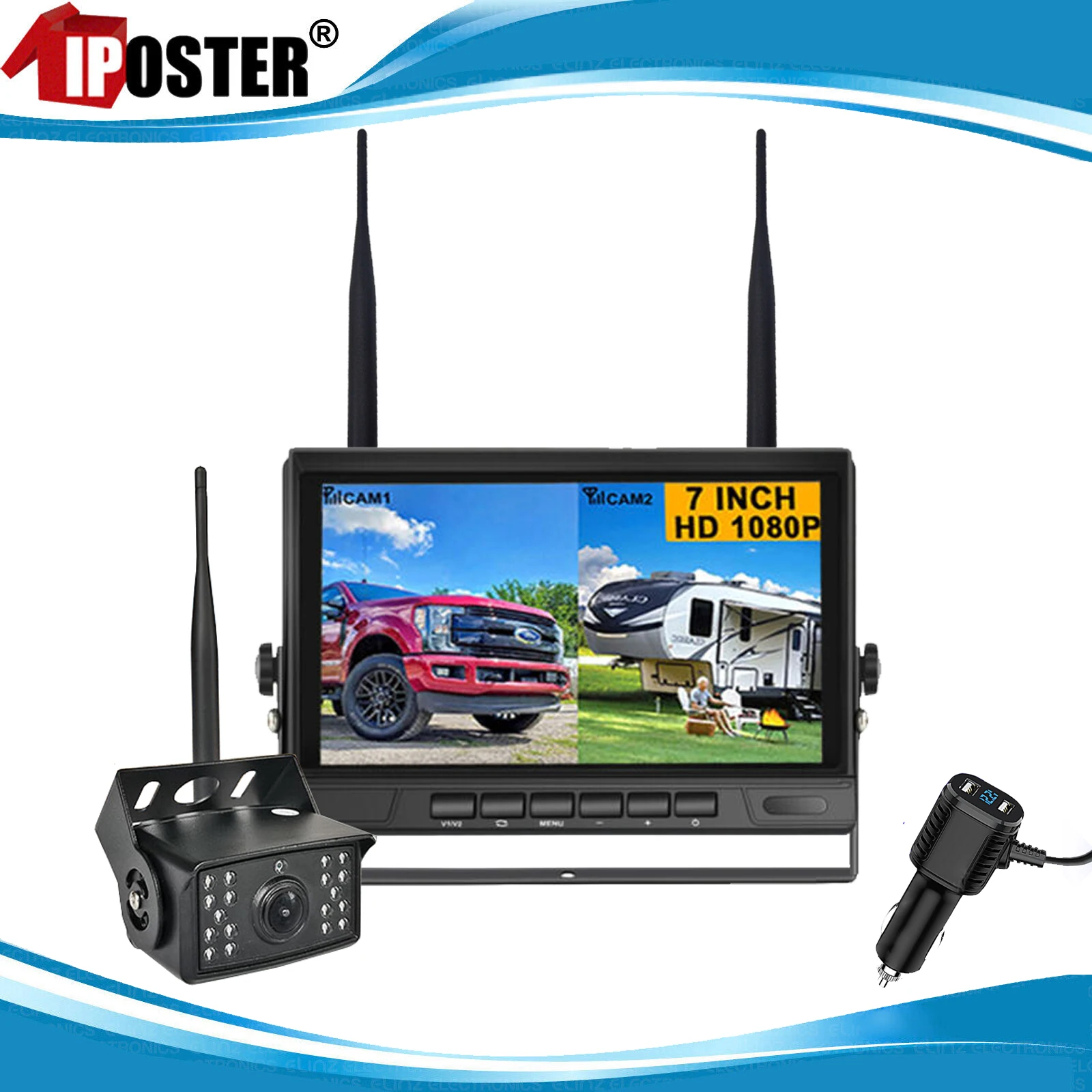 

iPoster Digital Wireless 7" Quad Monitor Built-in DVR Loop Recording Reversing Backup Cameras 50-100m For Truck Trailer Caravan