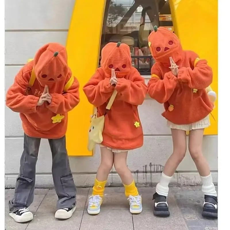 2024 New Halloween Party Pumpkin Head Lamb Fleece Couple Style Y2k Oversized Hoodie Hooded Sweatshirt Embroidery Streetwear