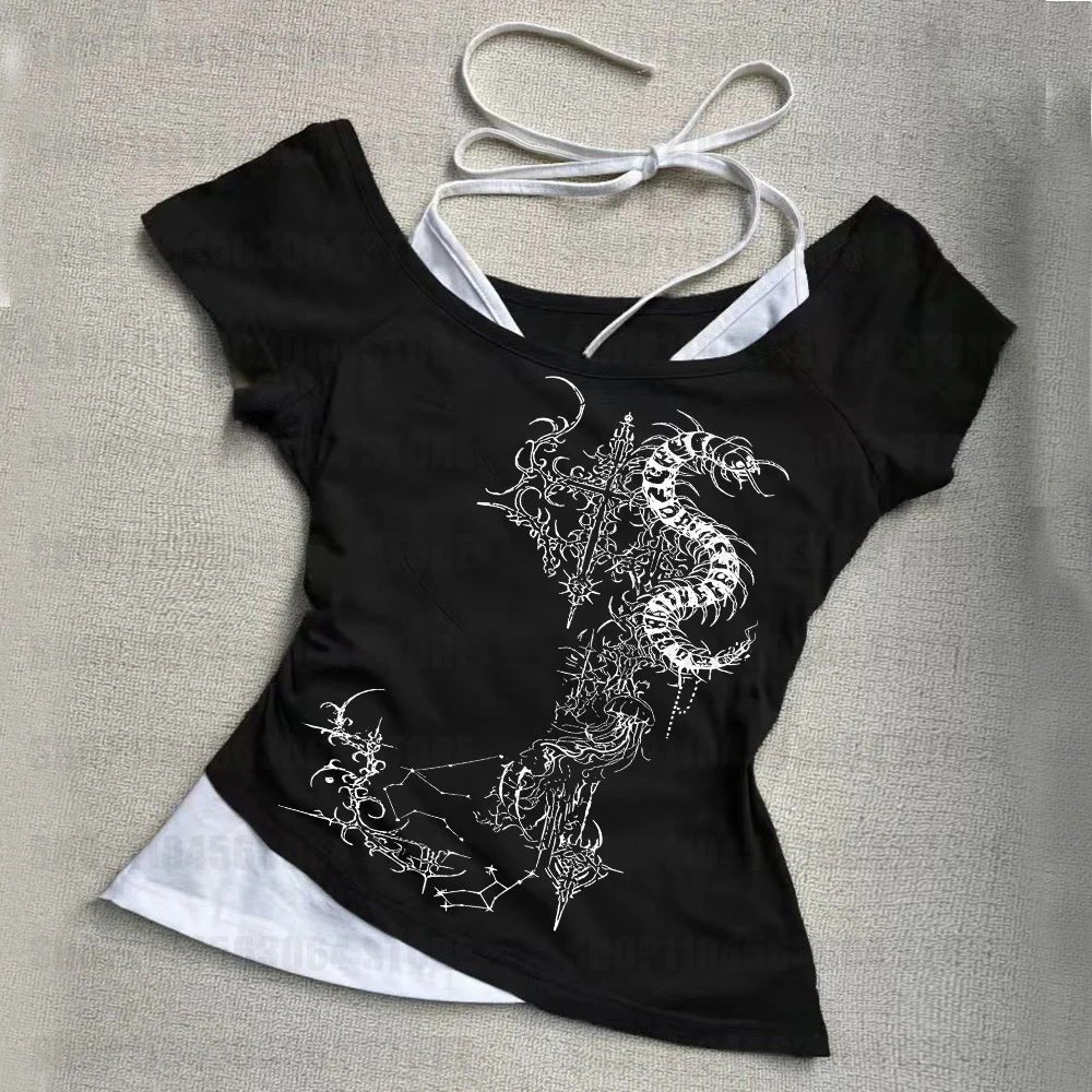 Gothic Punk Y2K Retro Slim Top 2000s High Street Creative Comic Pattern Printed Tee Fashion Versatile Sexy Classic Women T-shirt