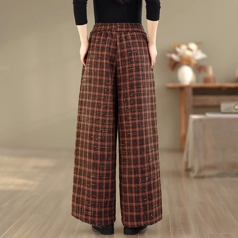 الرجعية منقوشة السراويل الصوفية النساء الخريف الشتاء ، حجم كبير فضفاض ومتعدد الاستخدامات مرونة الخصر ، الدافئة عادية واسعة الساق بنطلون w1692 #5