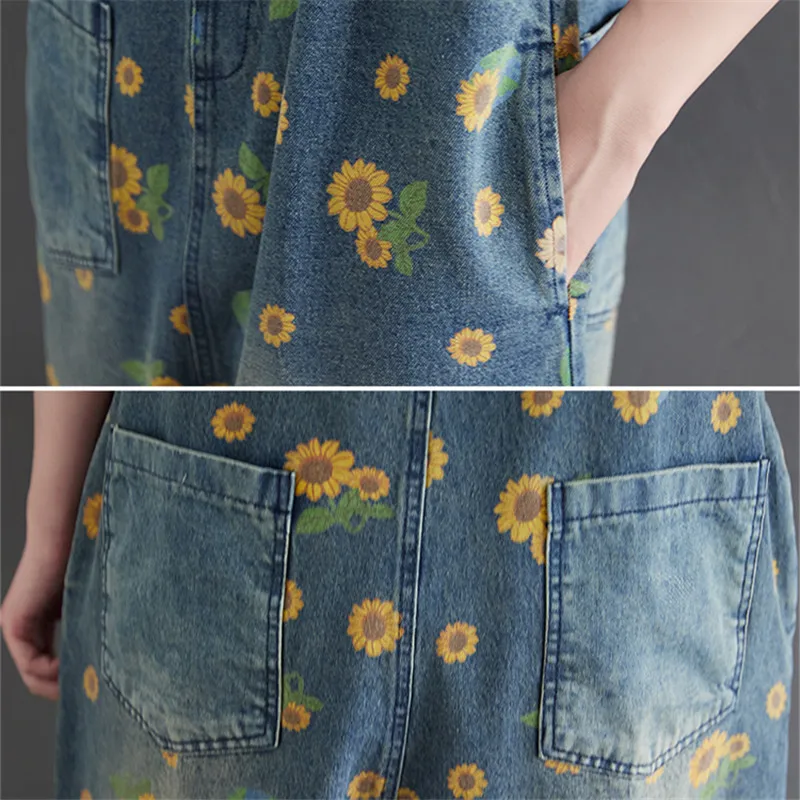 2023 Spring Denim Jumpsuit Women Harajuku Washed Blue Suspender Jeans Vintage Print Wide-Leg Overalls Female Casual Romper G2618