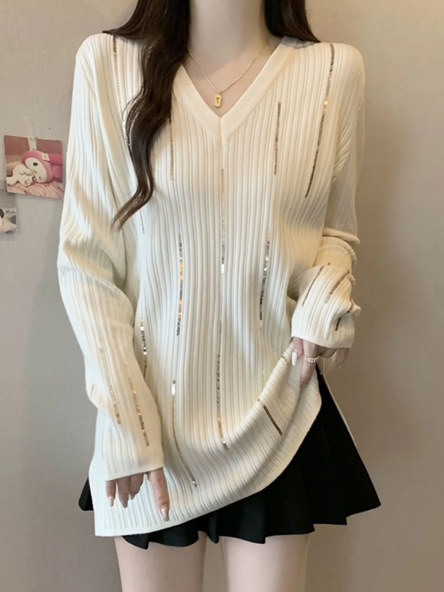 

Heavyweight Sequin V-Ne Long Sve Knitted Base irt Women's Autumn Winter plus Size Trendy Top Casual Sle Soft Cotton