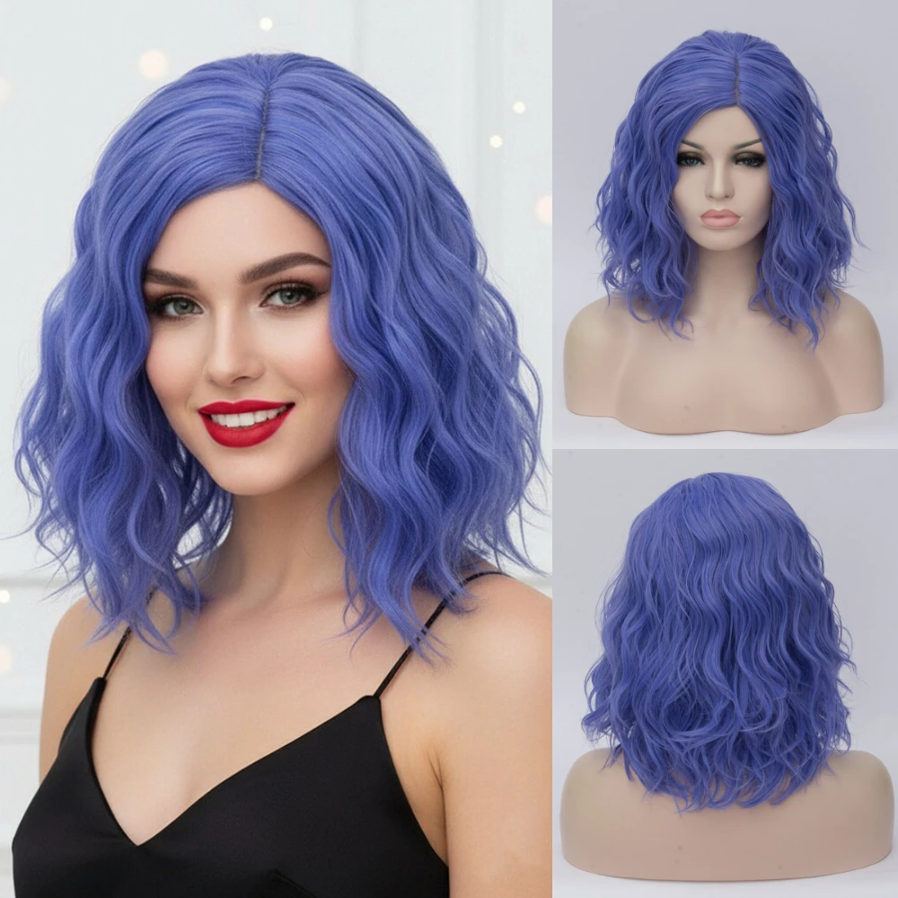 

Женские синтетические короткие синие вьющиеся парики для Хэллоуина, шикарные стили, чтобы улучшить ваш костюм, идеально подходящие для косплея