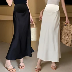 Vintage Silk Feel Smooth Pencil Skirts for Maternity Summer Thin Slim Ruffle A Line Long for Pregnant Women Youth Pregnancy Wear