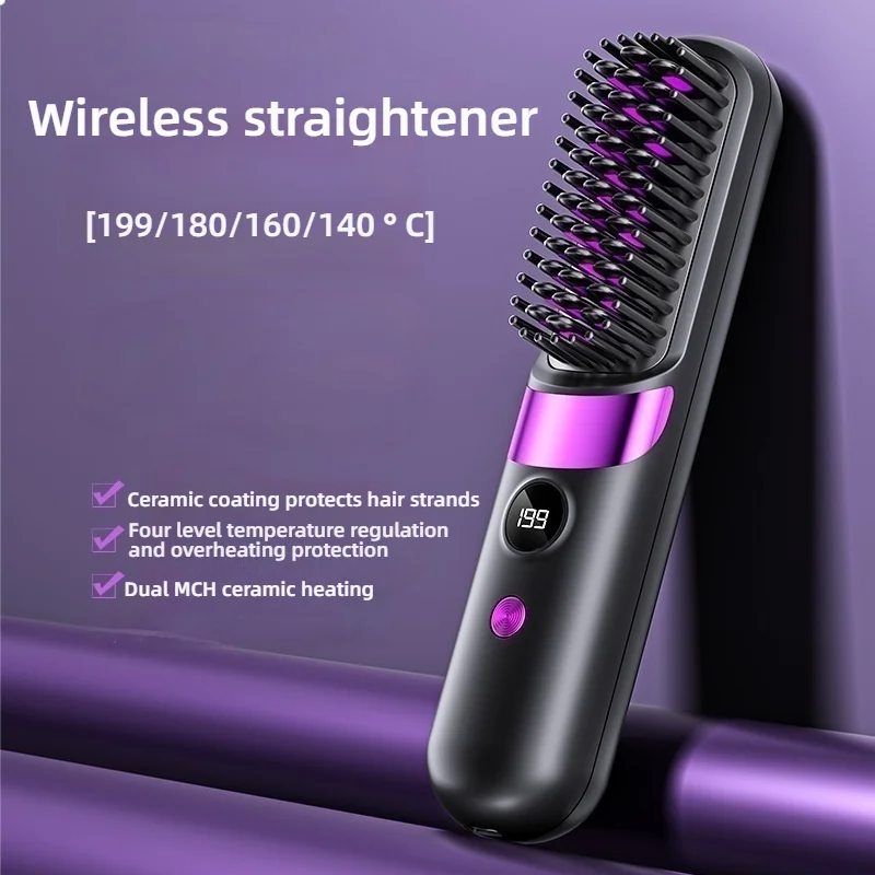 Hair Straightener Brush, 4 Temp Adjustable Comb, Quick Styling Tool, Rechargeable Cordless Hair Straightener, Personal Care for