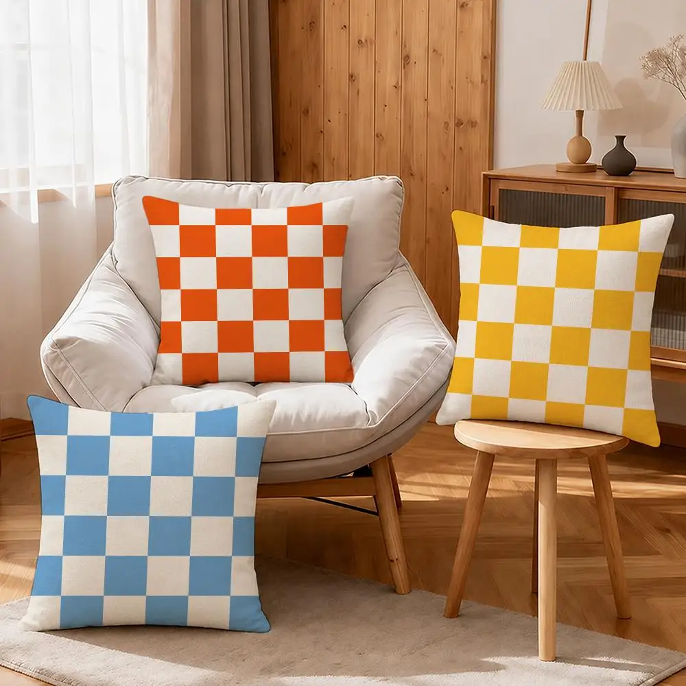 Art Fashion Checkerboard Plaid Cushion Cover Linen Anti-Mite Antibacterial Cushion Cover Invisible Zipper Sofa Decor