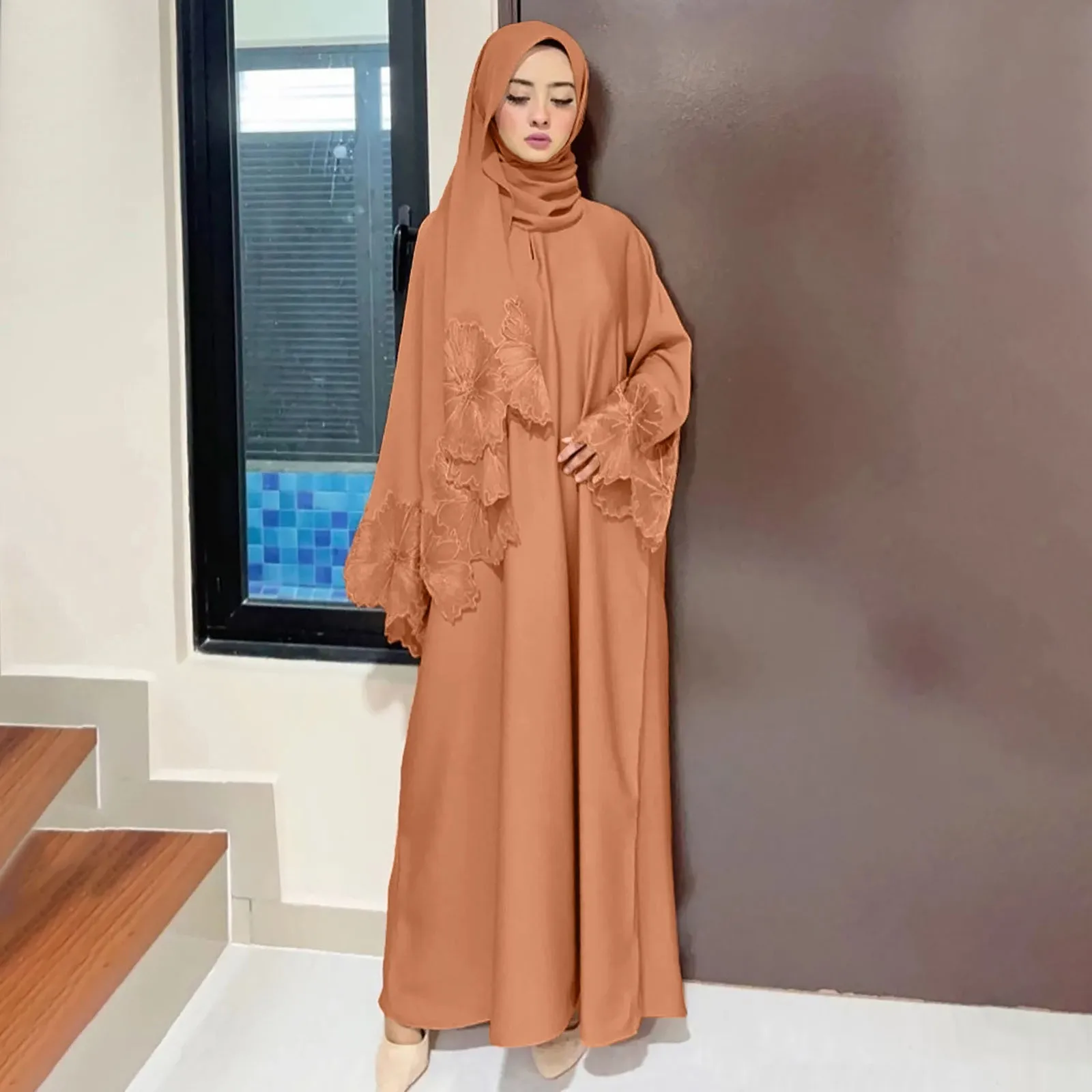 Women\'s Muslim Long Dress Lace Edge Solid Color Dress with Headscarf Chiffon Hijabs For Women Ramadan Eid Dubai Robe Femme