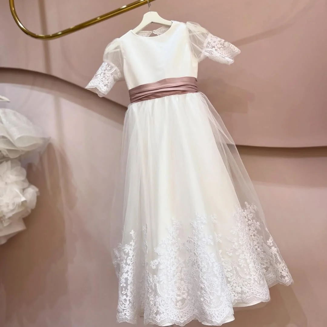 Prinzessinnen-Blumenmädchenkleider für Hochzeiten, Spitze, kurze Ärmel mit Schleife, Satin, für Kinder, Geburtstagsfeier, Erstkommunion, Ballkleid, individuell