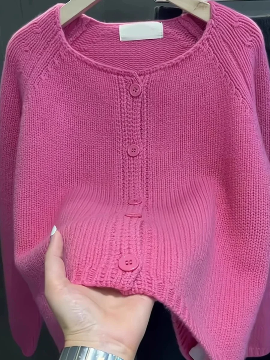

Elegant Raspberry Red Knitted Rabbit Fur Women's Sweater Coat Soft Lazy Open Cardigan Korean Style Loose Fit Winter Outerwear