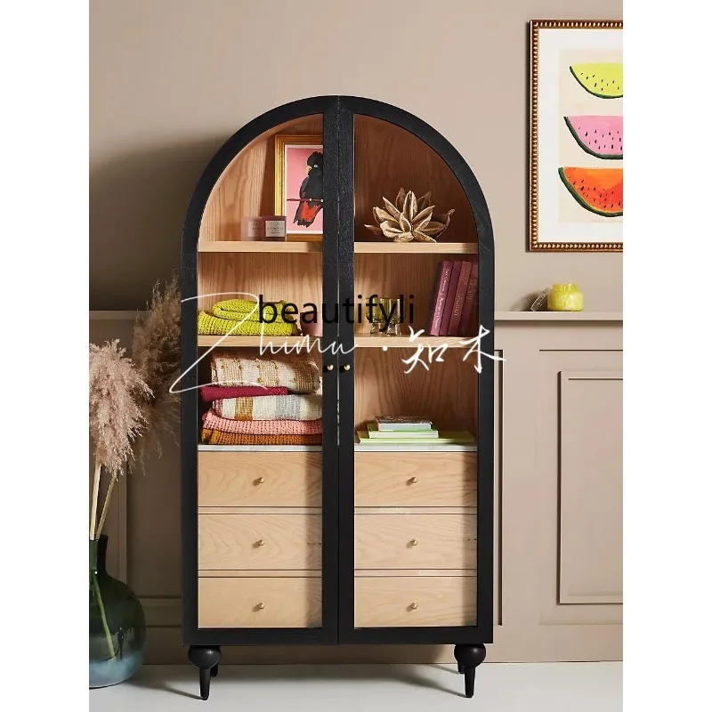 Custom French Style Solid Wood Arch Wine Cabinet American Retro Side Cabinet Nordic Glass Cabinet Modern Double Door Bookcase