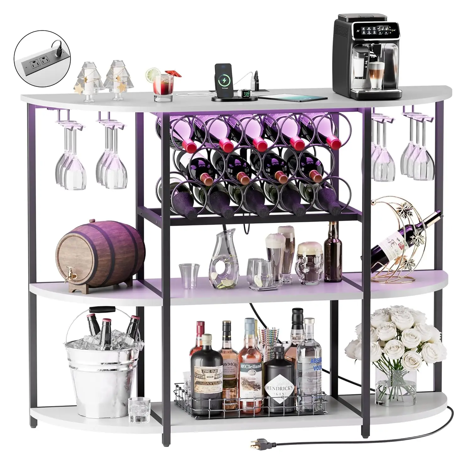 Wine Bar Cabinet with LED Lights and Power Outlets, Freestanding Coffee Liquor Bar Cabinet with Glass Holder, Wine, Customized - view 3