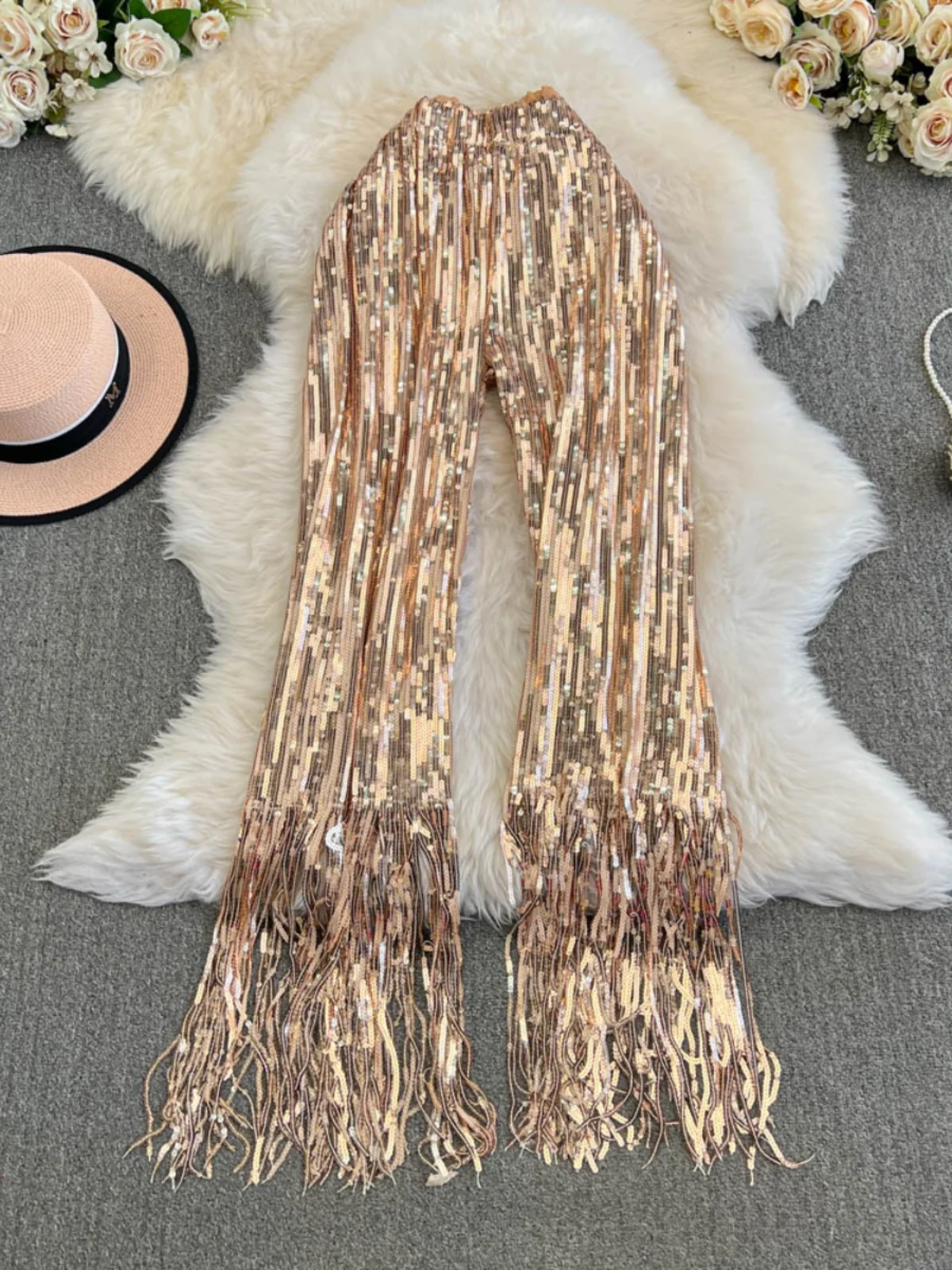 Fashionable Sequin Tassel Design Casual Pants Women's High Waist Slim Straight Wide Leg Long Trousers Autumn New Style