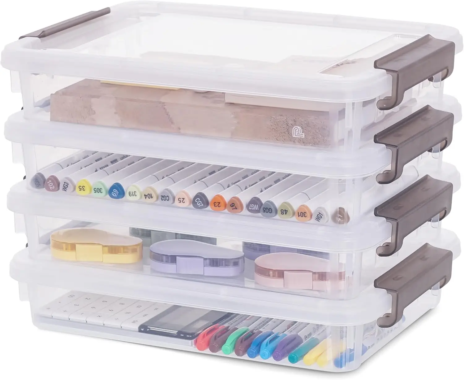 

4PCS Clear Stackable Storage Bins with Organizer Tray, Versatile Craft Box for Office Kitchen Bathroom School Supplies, 24-pack
