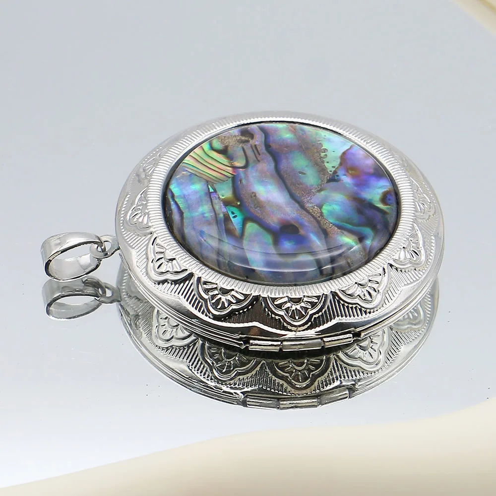 

Exquisite Natural Abalone Shell Oval/round Pendants Silver Metal Carved Pattern Openable Design Charms 1pc DIY Creative Necklace