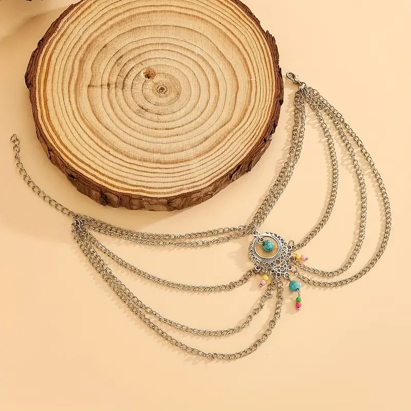 1pc Bohemian Silver-Plated Anklet with Colorful Bead Pendants – Adjustable Stackable Beach Foot Jewelry