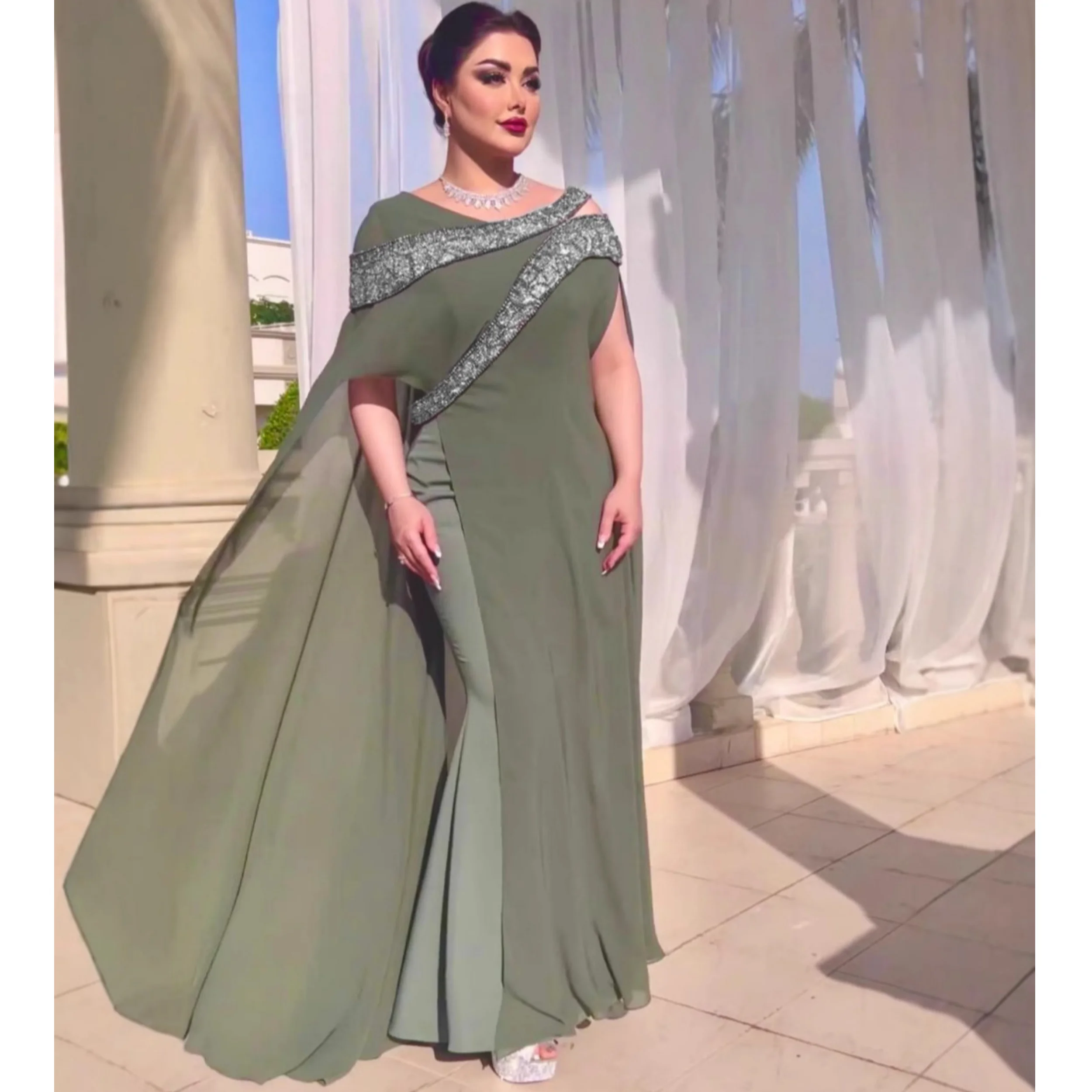 

Elegant Women Evening Dress Sexy Chiffon Shiny Vestidos de Festia for Party Bead Splicing Glitter Formal Robes de Soriee