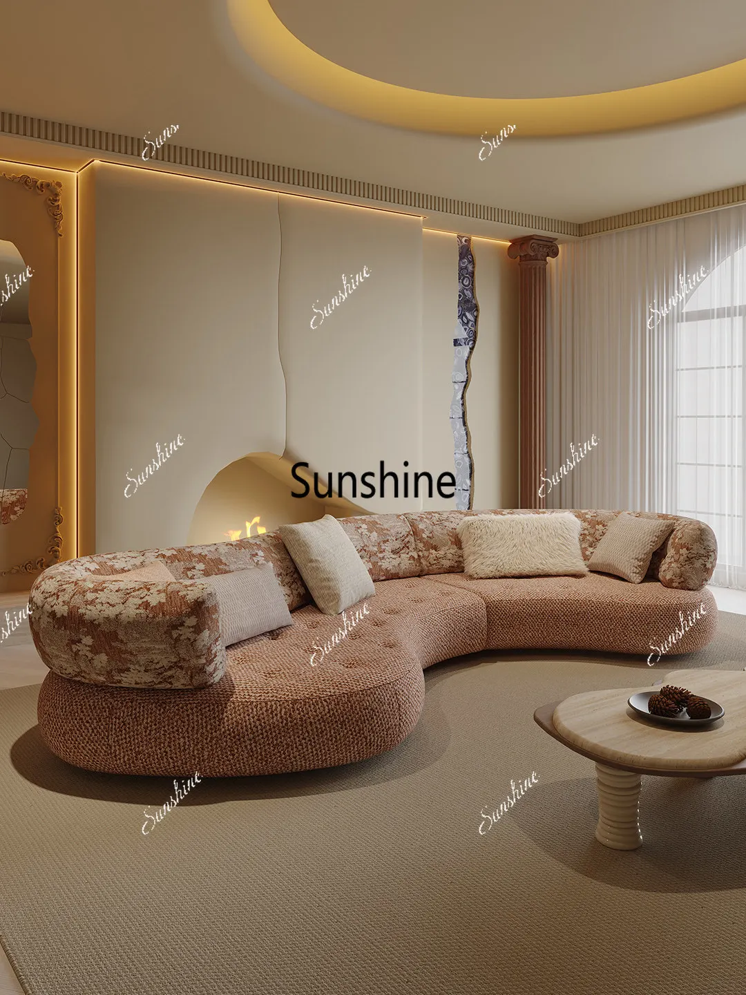 Special-shaped module sofa curved buckle fabric French retro flower cloth modern simplicity