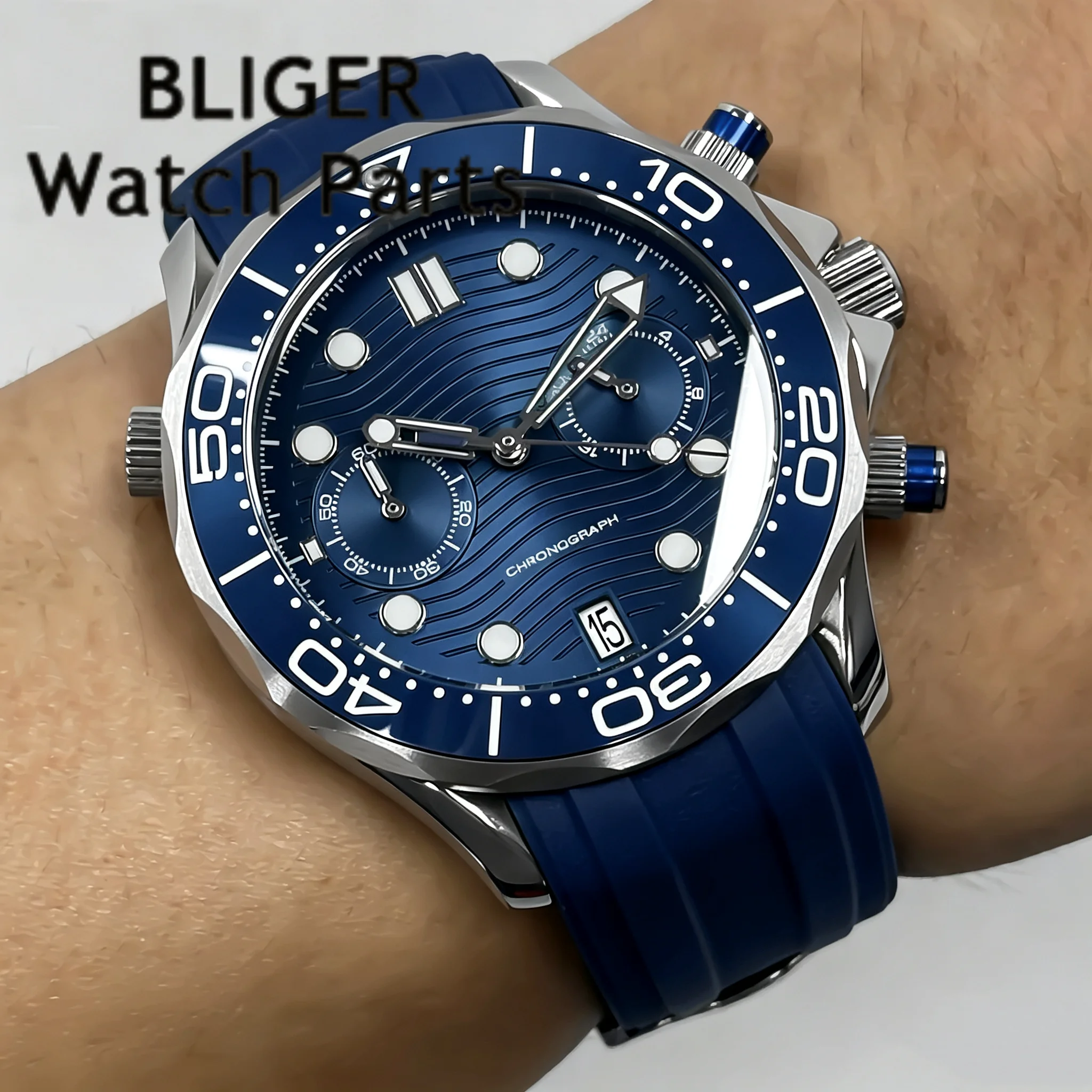 BLIGER Customize VK64A Quartz Men NTTD Watch 41mm Stainless Chronograph Watch For Men Sapphire Crystal Roating Bezel Rubber Band