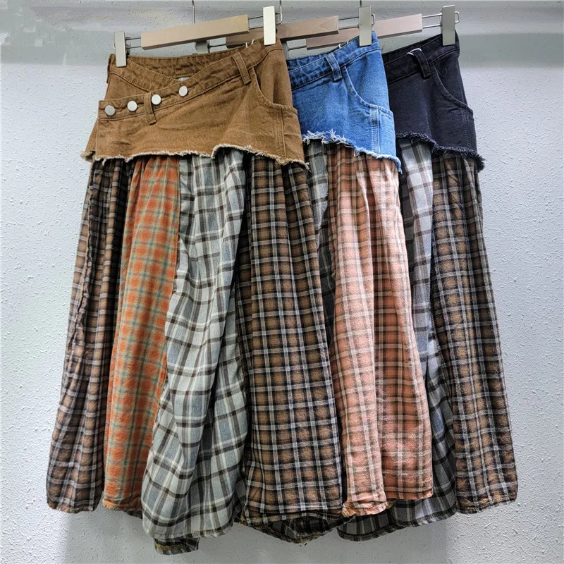 

Plaid Spliced Skirts Denim Women Loose Spliced Button A Line Skirt Y2k Streetwear High Waist 2025 Summer Pockets High Street